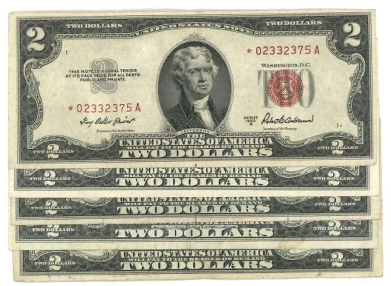Five (5) Series of 1953/63 $2 Red Seal STAR notes