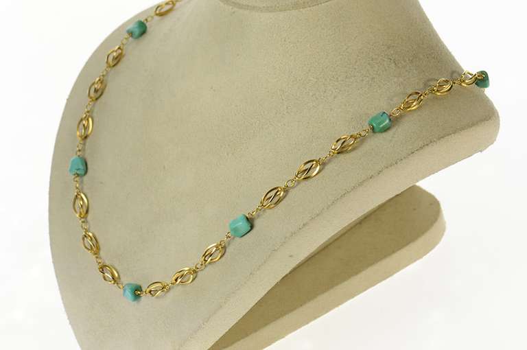 18K Yellow Gold Retro Turquoise Twist Link Statement Chain Necklace