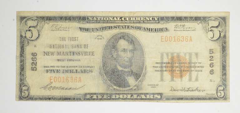 1929 $5 New Martinsville, West Virginia US National Currency