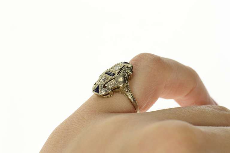 18K White Gold Art Deco Diamond Syn. Sapphire Filigree Ring