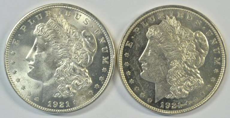 2 1921 Morgan Silver Dollars: a Gem BU and a Prooflike BU