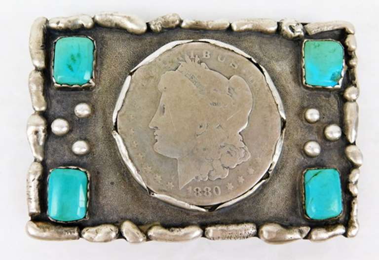 1880 Silver Dollar & Turquoise Belt Buckle