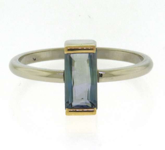 Handsome White Gold Emerald Tourmaline Bar Set Ring