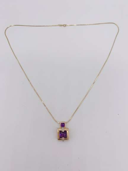 14kt Solid Yellow Gold Amethyst & Diamond Pendant Necklace