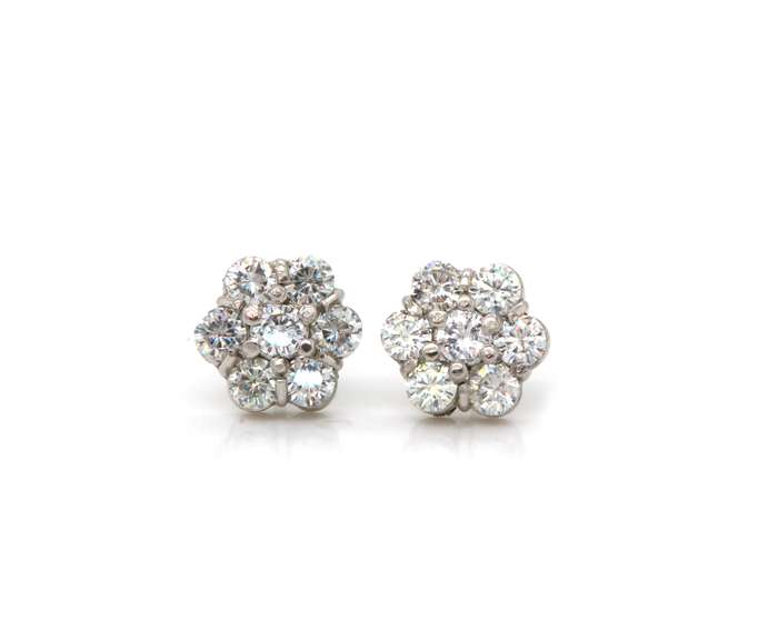 Glittering Platinum Round Brilliant Cut Diamonds & Moissanite Mixed Cluster Earrings