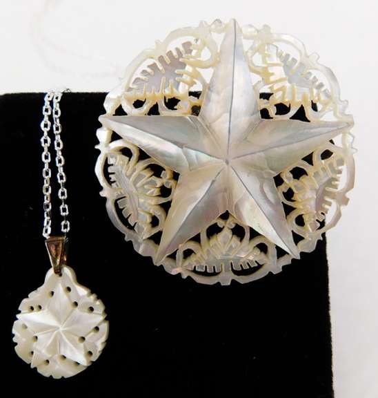 Vintage Mother of Pearl Star Brooch & Necklace