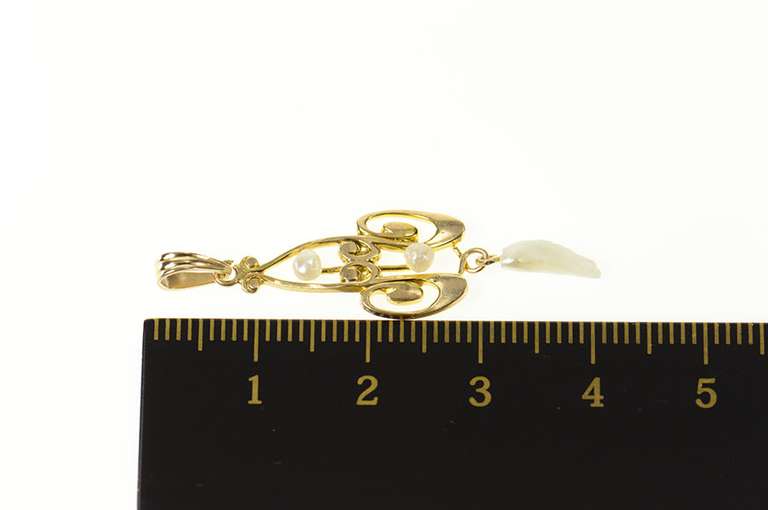 10K Yellow Gold Victorian Pearl Ornate Swirl Drop Pendant