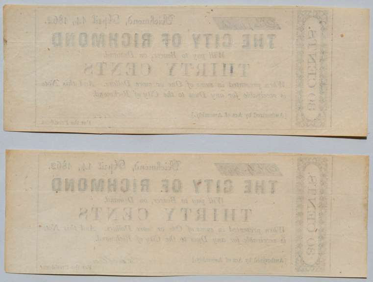 2 30 Cent City Of Richmond Confederate States / Va Note