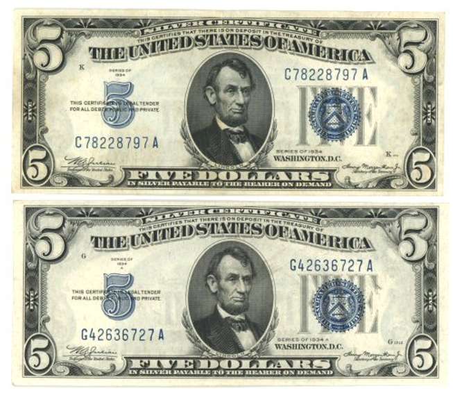 1934 & 1934-A $5 Silver Certificates in Crisp conditions