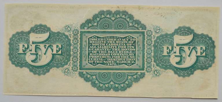 $ 5 State Of South Carolina Revenue Bond Scrip Mar 2 1872 Series