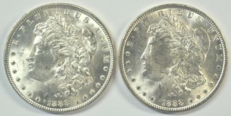 2 Choice BU 1888-P Morgan Silver Dollars. Frosty