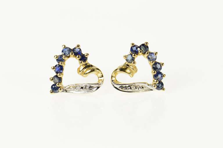 14K Yellow Gold Sapphire Diamond Accent Classic Heart Stud Earrings