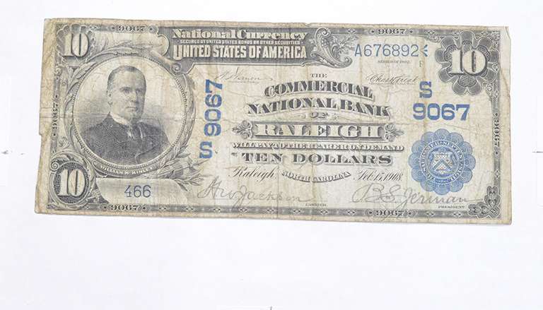 1908 $10 Commercial Nat'l Bank Of Raleigh National Currency - Large