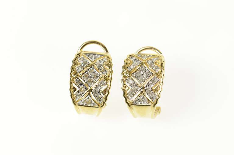 10K Yellow Gold Ornate Pave Diamond Semi Hoop French Chip Earrings