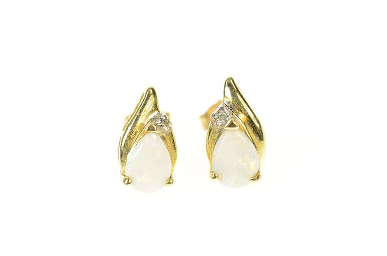 10K Yellow Gold Pear Natural Opal Diamond Accent Stud Earrings