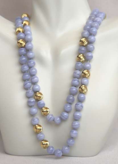 Majestic Blue Chalcedony Beads with Yellow Gold Beads Nekclace