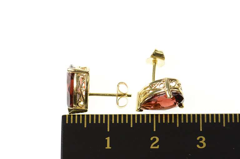 10K Yellow Gold Pear Garnet Solitaire Ornate Stud Earrings
