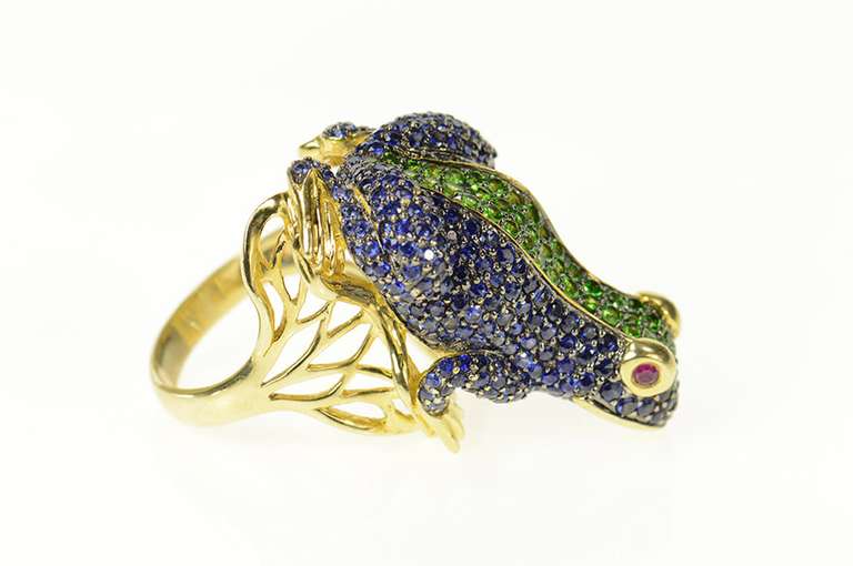 14K Yellow Gold Pave Sapphire Peridot Ruby Frog Statement Ring
