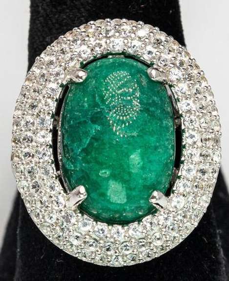 Awesome Massive 15.00CTS Cabochon Cut Natural Emerald & White Sapphire Ring in Platinum-Plated Silver