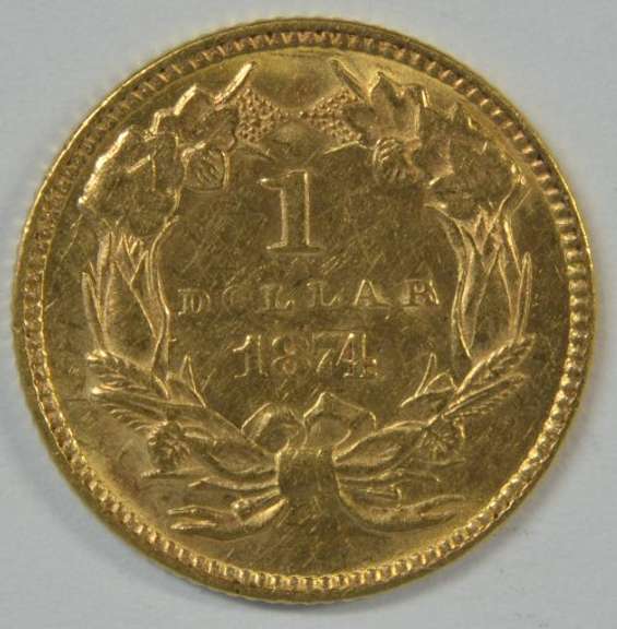 Lustrous 1874 US Type 3 $1 Gold Piece. Flashy