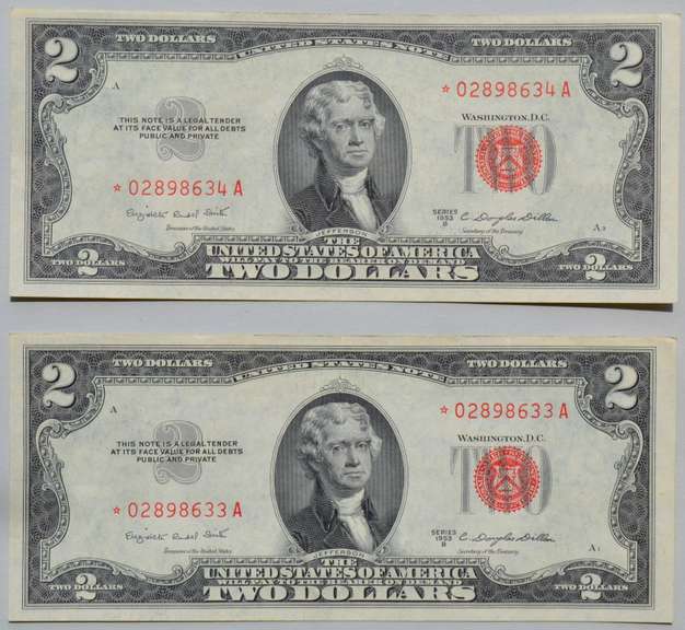 2 Choice Consecutive Unc 1953 B Red Seal $2 Star Notes