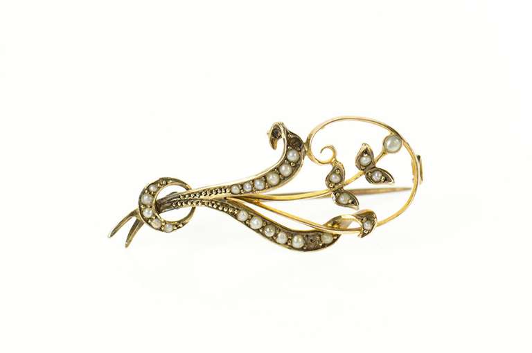 9K Yellow Gold Victorian Ornate Seed Pearl Floral Vine Pin/Brooch