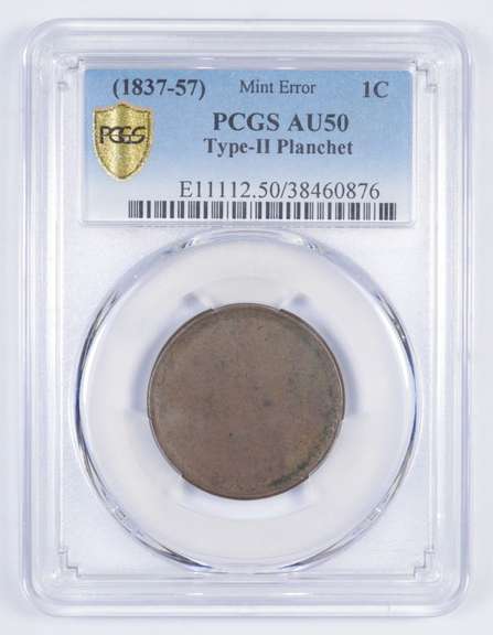 AU50 Mint Error 1837-57 Large Cent - Type-II Planchet - Graded PCGS