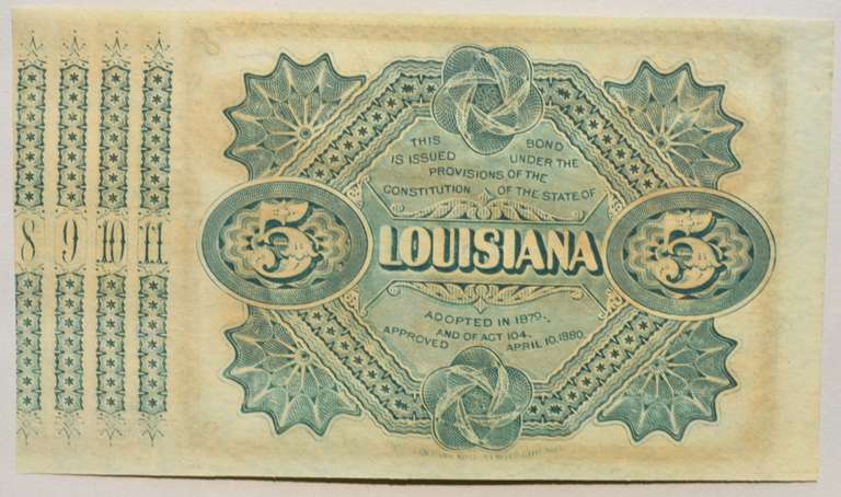 $ 5 State of Louisiana Brown Ink Baby Bond