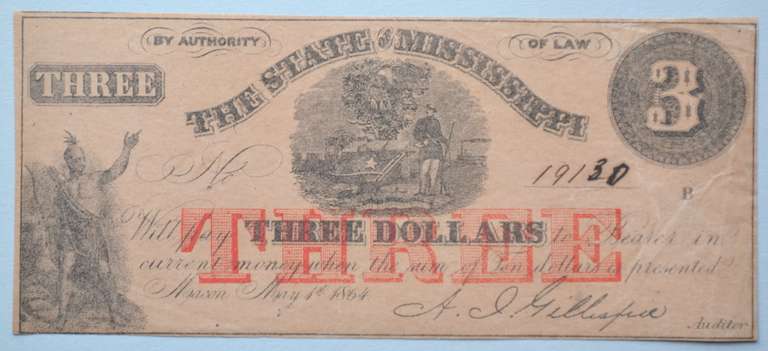 $3 State of Mississippi May 1 1864 Note