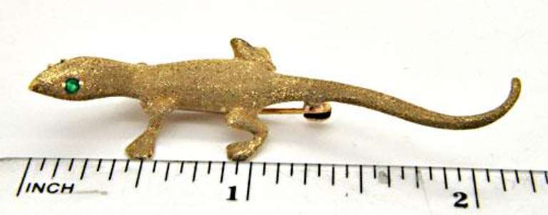 14K GOLD LIZARD BROOCH WITH EMERALDS
