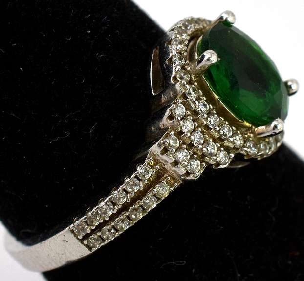 Vibrant Green & White Crystal Ring in Sterling Silver