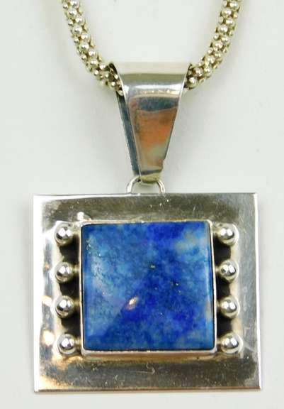 Signed Large Sterling Lapis Pendant & Chain