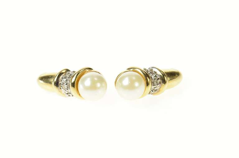 14K Yellow Gold Pearl Diamond Accent Semi Hoop Stud Earrings