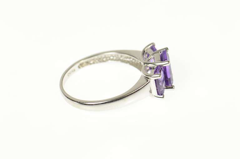 10K White Gold Three Stone Emerald Cut Amethyst Statement Ring