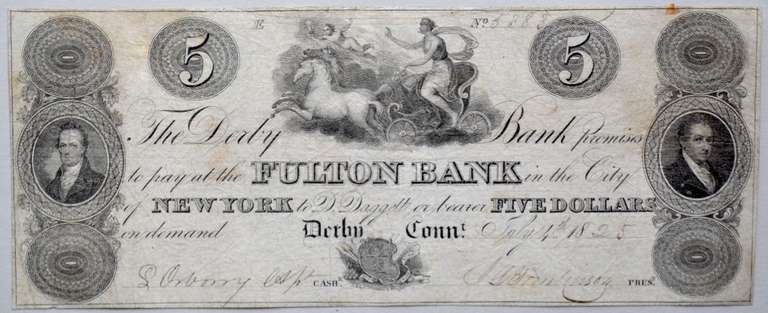 $ 5 Derby Conn Fulton Bank of New York 1825  Note