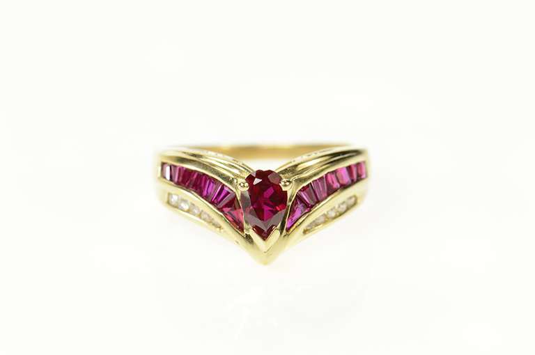 14K Yellow Gold Pear Syn. Ruby Diamond Chevron Statement Ring