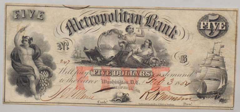 $ 5 Metropolitan Bank  Washington DC Feb 3 1854 Note