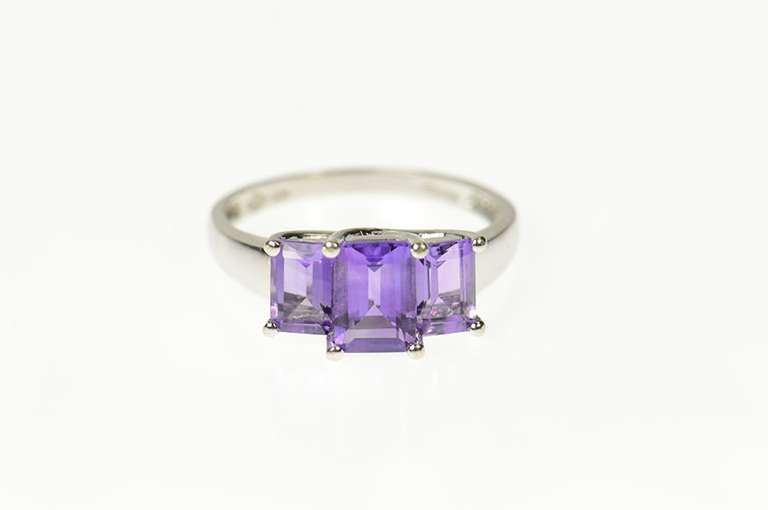 10K White Gold Three Stone Emerald Cut Amethyst Statement Ring