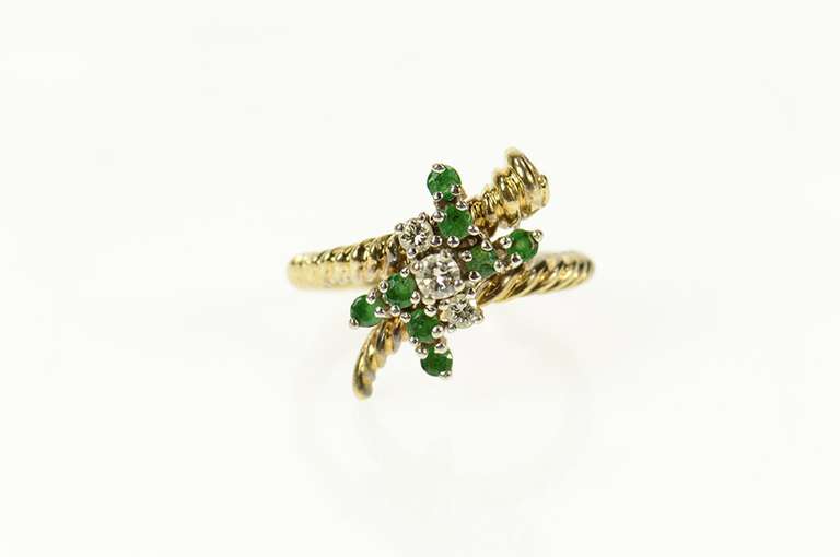 14K Yellow Gold Retro Emerald Diamond Cluster Bypass Ring