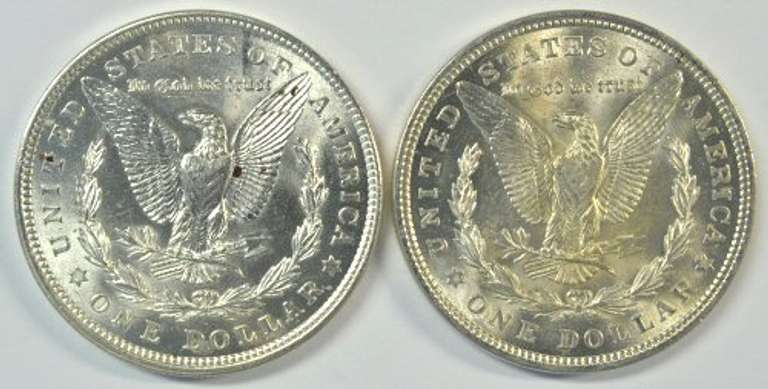 2 1921 Morgan Silver Dollars: a Gem BU and a Prooflike BU