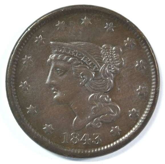 Scarce 1843 'Petite Head' Braided Hair Large Cent in AU+