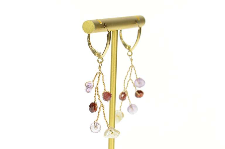 14K Yellow Gold Pearl Amethyst Garnet Branch Tree Dangle Earrings