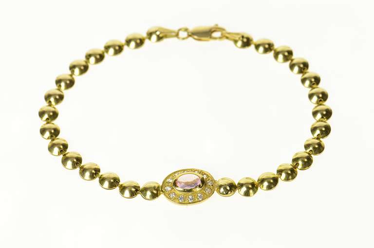 18K Yellow Gold Oval Pink Topaz Diamond Halo Round Link Bracelet
