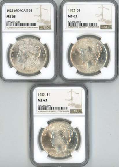 Choice BU 1921 to 1923 Silver Dollars. NGC MS63 holders
