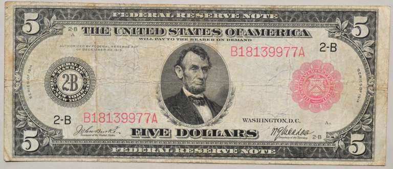 Scarce $ 5 Red Seal Series 1913 FR Note