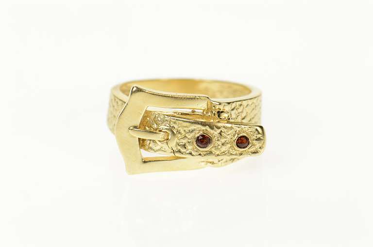 14K Yellow Gold Garnet Textured Belt Buckle Statement Band Ring