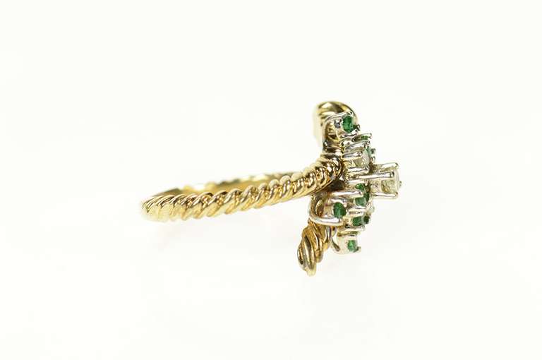 14K Yellow Gold Retro Emerald Diamond Cluster Bypass Ring