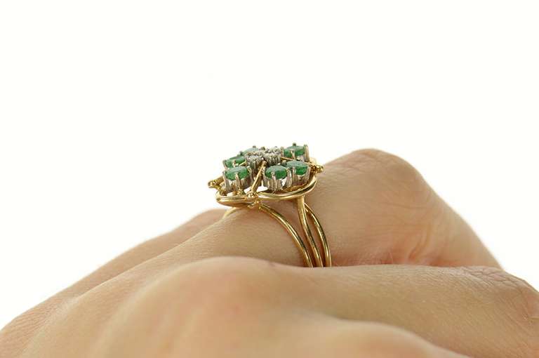 14K Yellow Gold Retro Natural Emerald Diamond Cocktail Ring