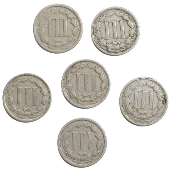 6 Assorted 3 Cent Nickels