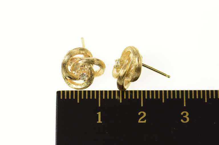 14K Yellow Gold Textured Twist Knot Diamond Retro Stud Earrings